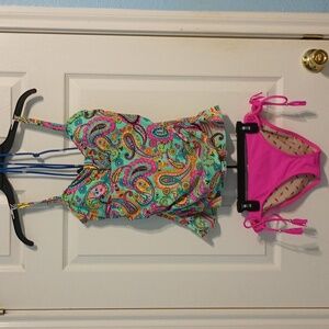Raisin 2 piece Bathing Suit Top Color-Top Has Paisley Designs Bottom-Hot Pink